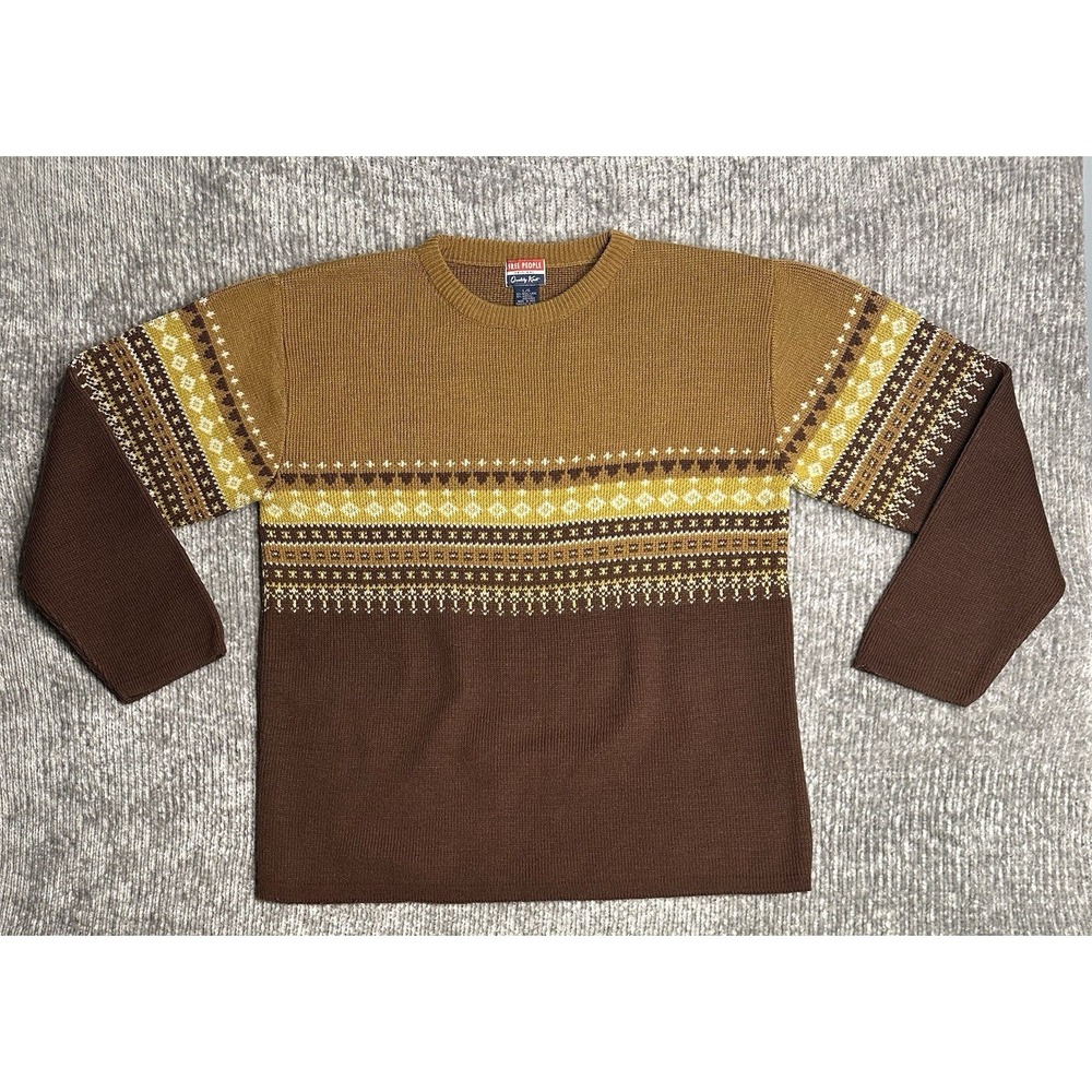 Vintage Free People Fair Isle Knit Sweater Mustard Brown Wool Acrylic Blend L